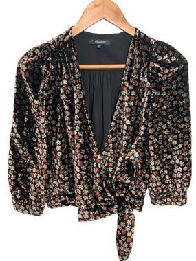 Madewell Dark Ditsy Floral Boho Velvet Deep V Neck Wrap Top Puff Sleeve XXS